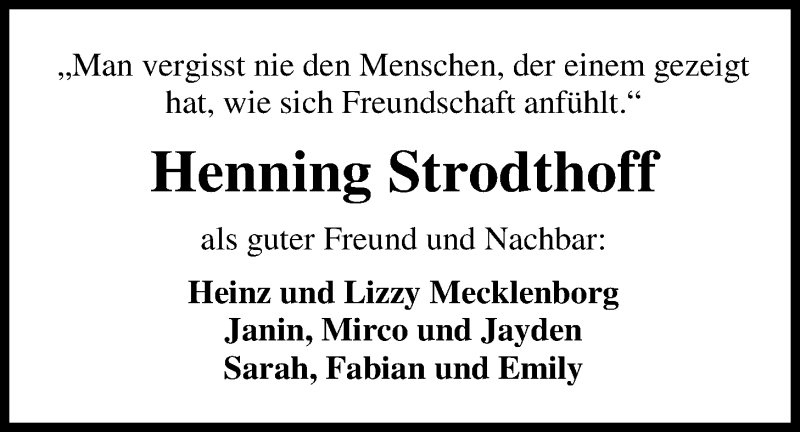  Traueranzeige für Henning Strodthoff vom 05.02.2020 aus Nordwest-Zeitung