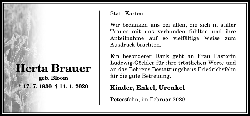  Traueranzeige für Herta Brauer vom 29.02.2020 aus Nordwest-Zeitung