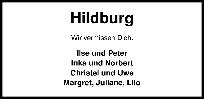  Traueranzeige für Hildburg Saage vom 01.02.2020 aus Nordwest-Zeitung