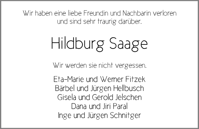  Traueranzeige für Hildburg Saage vom 01.02.2020 aus Nordwest-Zeitung