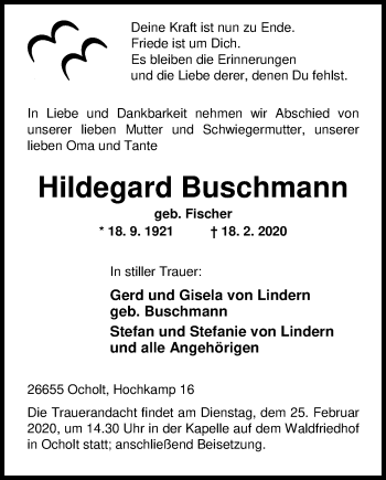 Traueranzeige von Hildegard Buschmann von Nordwest-Zeitung