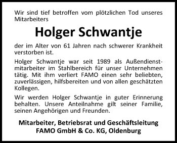 Traueranzeige von Holger Schwantje von Nordwest-Zeitung