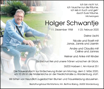 Traueranzeige von Holger Schwantje von Nordwest-Zeitung