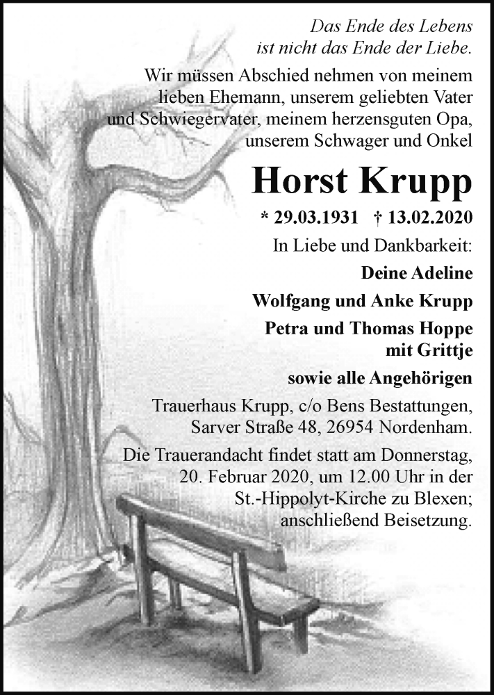  Traueranzeige für Horst Krupp vom 18.02.2020 aus Nordwest-Zeitung