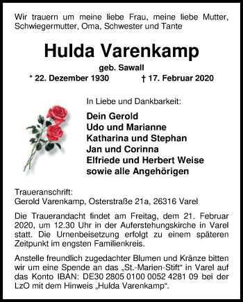 Traueranzeige von Hulda Varenkamp von Nordwest-Zeitung
