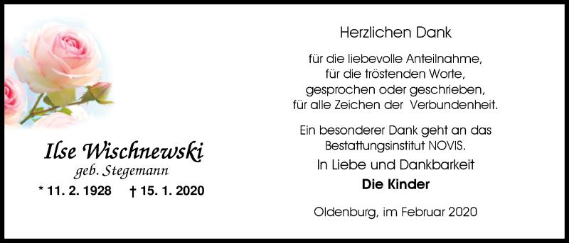  Traueranzeige für Ilse Wischnewski vom 15.02.2020 aus Nordwest-Zeitung