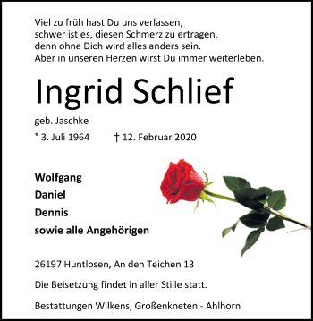 Traueranzeige von Ingrid Schlief von Nordwest-Zeitung