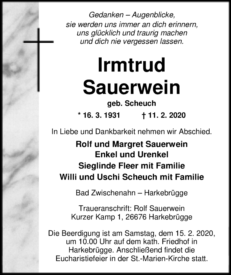  Traueranzeige für Irmtrud Sauerwein vom 13.02.2020 aus Nordwest-Zeitung