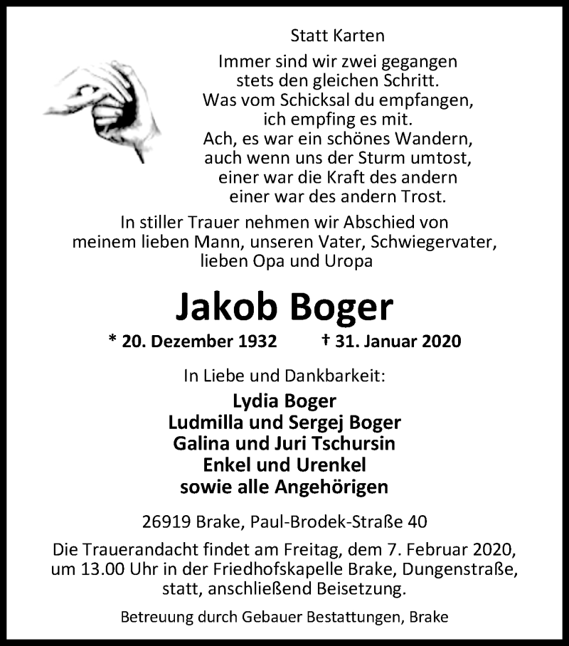  Traueranzeige für Jakob Boger vom 04.02.2020 aus Nordwest-Zeitung