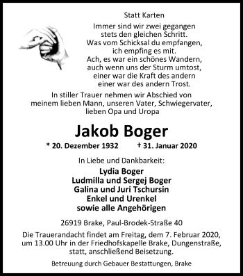Traueranzeige von Jakob Boger von Nordwest-Zeitung