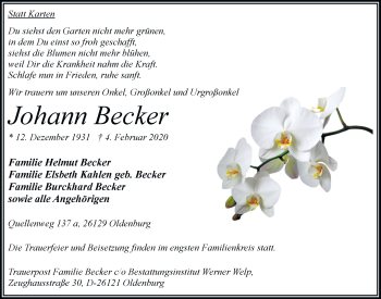 Traueranzeige von Johann Becker von Nordwest-Zeitung