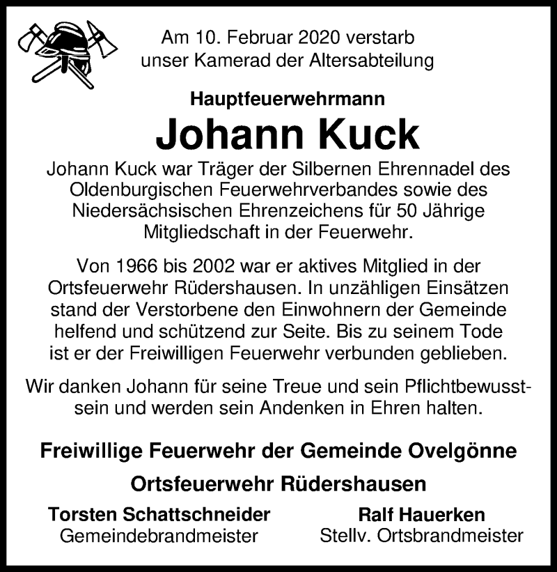  Traueranzeige für Johann Kuck vom 12.02.2020 aus Nordwest-Zeitung