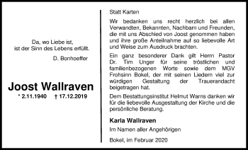 Traueranzeige von Joost Wallraven von Nordwest-Zeitung