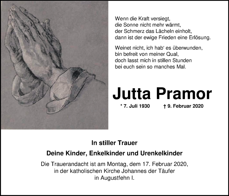  Traueranzeige für Jutta Pramor vom 13.02.2020 aus Nordwest-Zeitung
