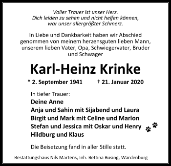 Traueranzeige von Karl-Heinz Krinke von Nordwest-Zeitung