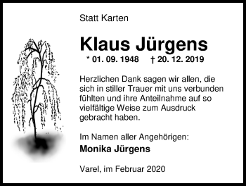 Traueranzeige von Klaus Jürgens von Nordwest-Zeitung