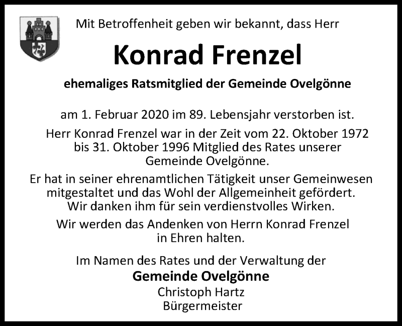  Traueranzeige für Konrad Frenzel vom 05.02.2020 aus Nordwest-Zeitung