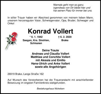 Traueranzeige von Konrad Vollert von Nordwest-Zeitung