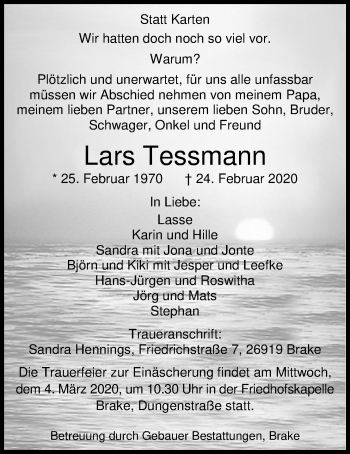 Traueranzeige von Lars Tessmann von Nordwest-Zeitung