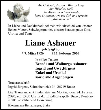 Traueranzeige von Liane Ashauer von Nordwest-Zeitung