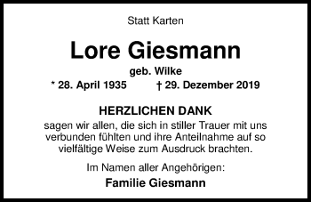 Traueranzeige von Lore Giesmann von Nordwest-Zeitung