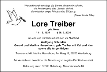 Traueranzeige von Lore Treiber von Nordwest-Zeitung