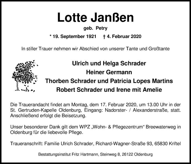  Traueranzeige für Lotte Janßen vom 08.02.2020 aus Nordwest-Zeitung
