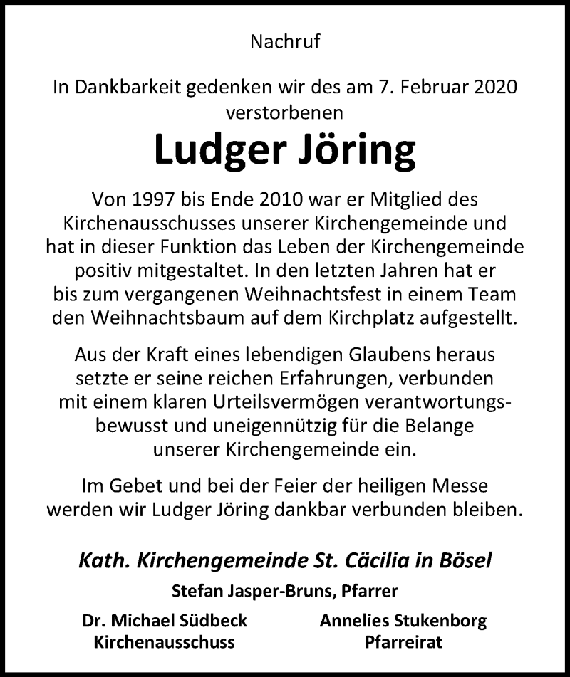  Traueranzeige für Ludger Jöring vom 12.02.2020 aus Nordwest-Zeitung