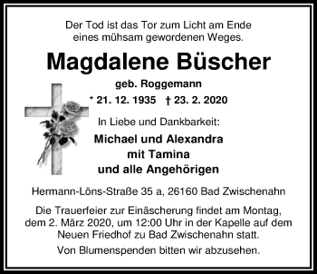 Traueranzeige von Magdalene Büscher von Nordwest-Zeitung
