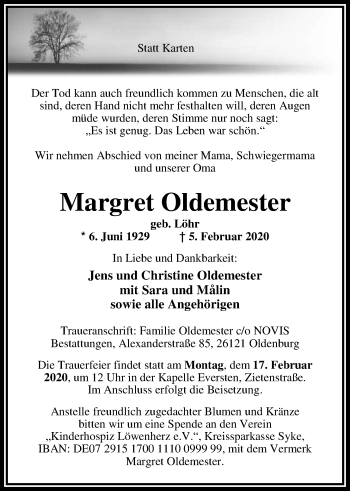 Traueranzeige von Margret Oldemester von Nordwest-Zeitung