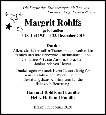 Traueranzeige von Margrit Rohlfs von Nordwest-Zeitung