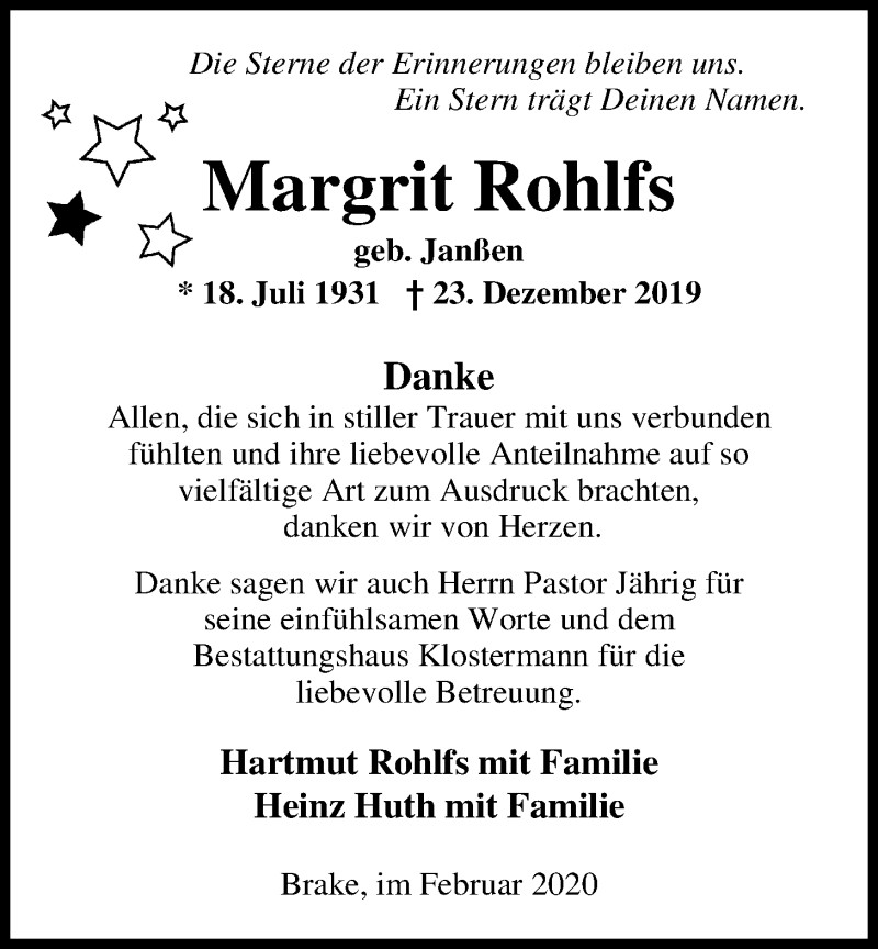  Traueranzeige für Margrit Rohlfs vom 14.02.2020 aus Nordwest-Zeitung