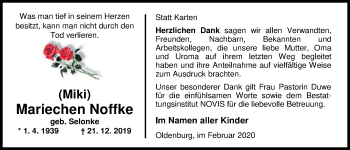 Traueranzeige von Mariechen Noffke von Nordwest-Zeitung