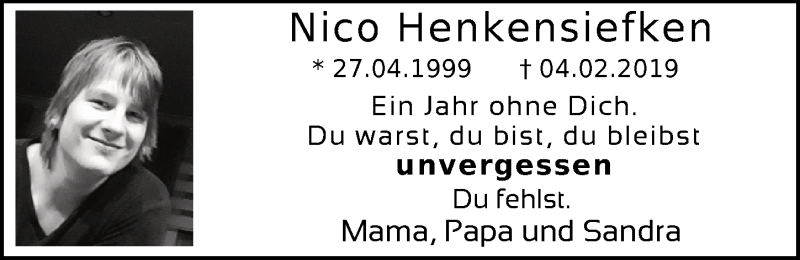  Traueranzeige für Nico Henkensiefken vom 04.02.2020 aus Nordwest-Zeitung