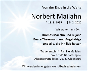 Traueranzeige von Norbert Mailahn von Nordwest-Zeitung