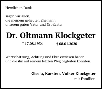 Traueranzeige von Oltmann Klockgeter von Nordwest-Zeitung