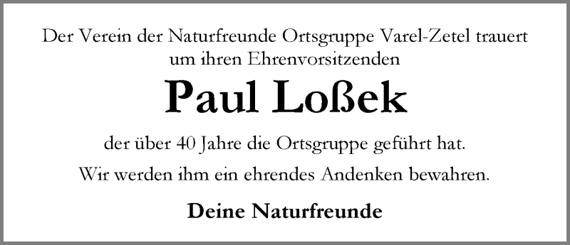  Traueranzeige für Paul Loßek vom 03.02.2020 aus Nordwest-Zeitung