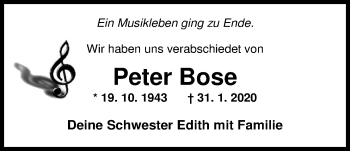 Traueranzeige von Peter Bose von Nordwest-Zeitung