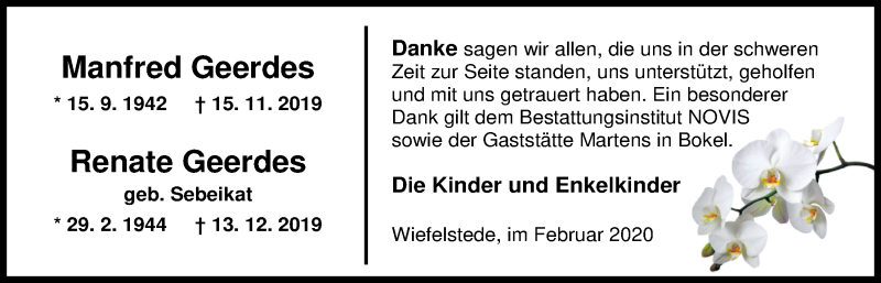  Traueranzeige für Renate Geerdes vom 01.02.2020 aus Nordwest-Zeitung