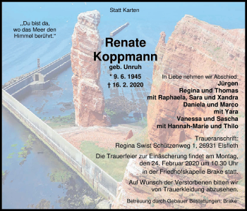 Traueranzeige von Renate Koppmann von Nordwest-Zeitung