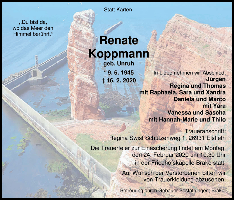  Traueranzeige für Renate Koppmann vom 19.02.2020 aus Nordwest-Zeitung