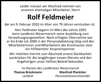 Traueranzeige von Rolf Feldmeier von Nordwest-Zeitung