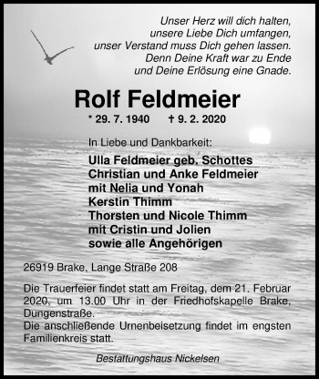 Traueranzeige von Rolf Feldmeier von Nordwest-Zeitung