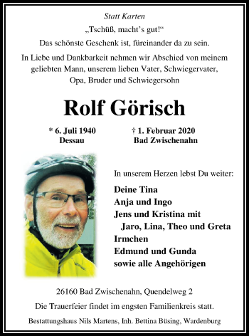 Traueranzeige von Rolf Görisch von Nordwest-Zeitung