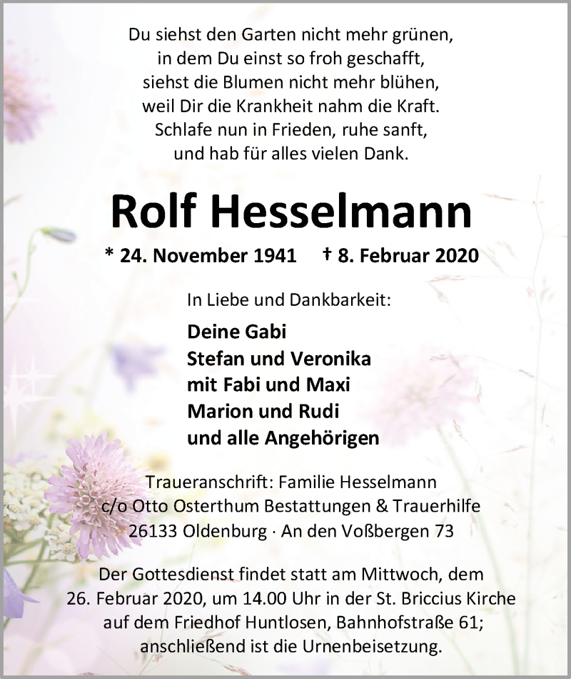  Traueranzeige für Rolf Hesselmann vom 15.02.2020 aus Nordwest-Zeitung