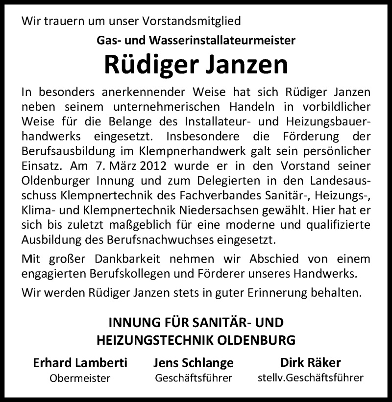  Traueranzeige für Rüdiger Janzen vom 03.02.2020 aus Nordwest-Zeitung