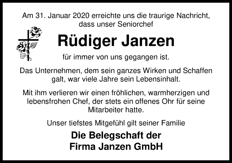  Traueranzeige für Rüdiger Janzen vom 04.02.2020 aus Nordwest-Zeitung