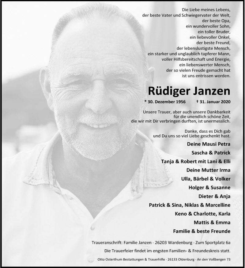  Traueranzeige für Rüdiger Janzen vom 03.02.2020 aus Nordwest-Zeitung
