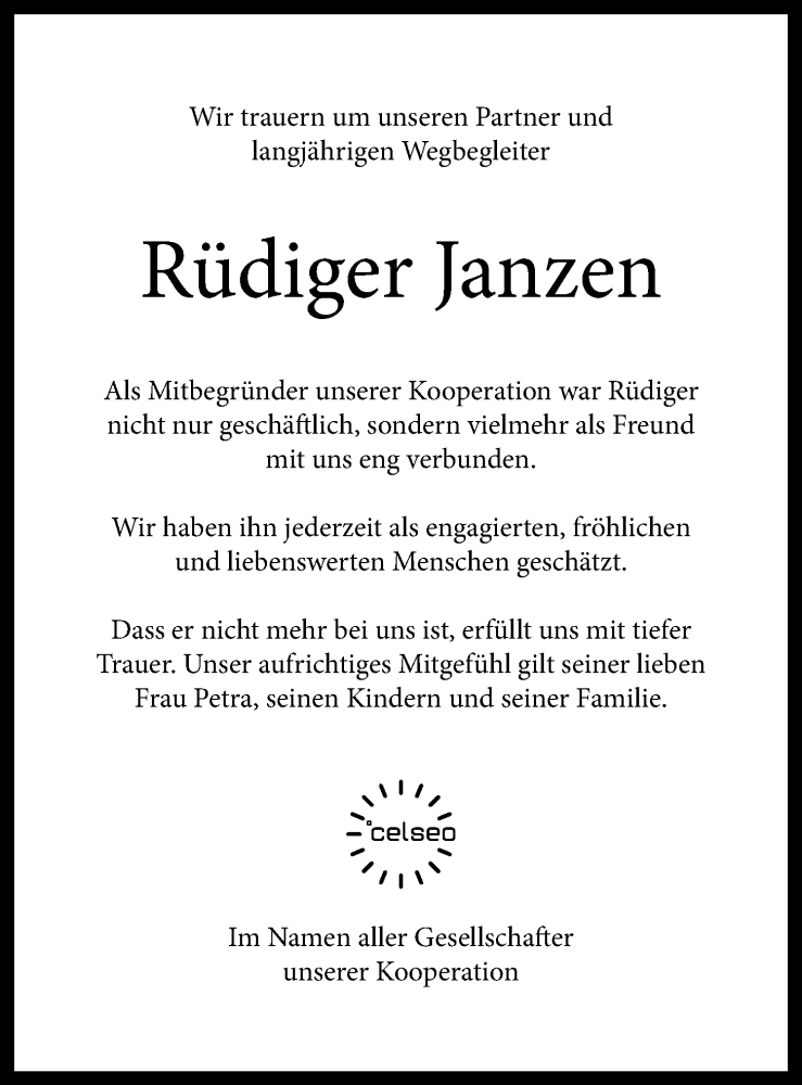  Traueranzeige für Rüdiger Janzen vom 04.02.2020 aus Nordwest-Zeitung