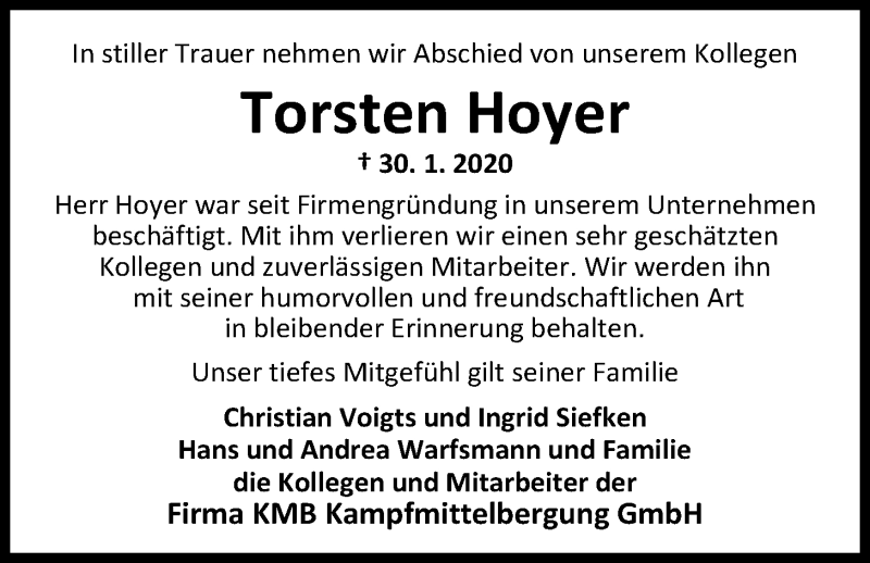  Traueranzeige für Torsten Hoyer vom 15.02.2020 aus Nordwest-Zeitung